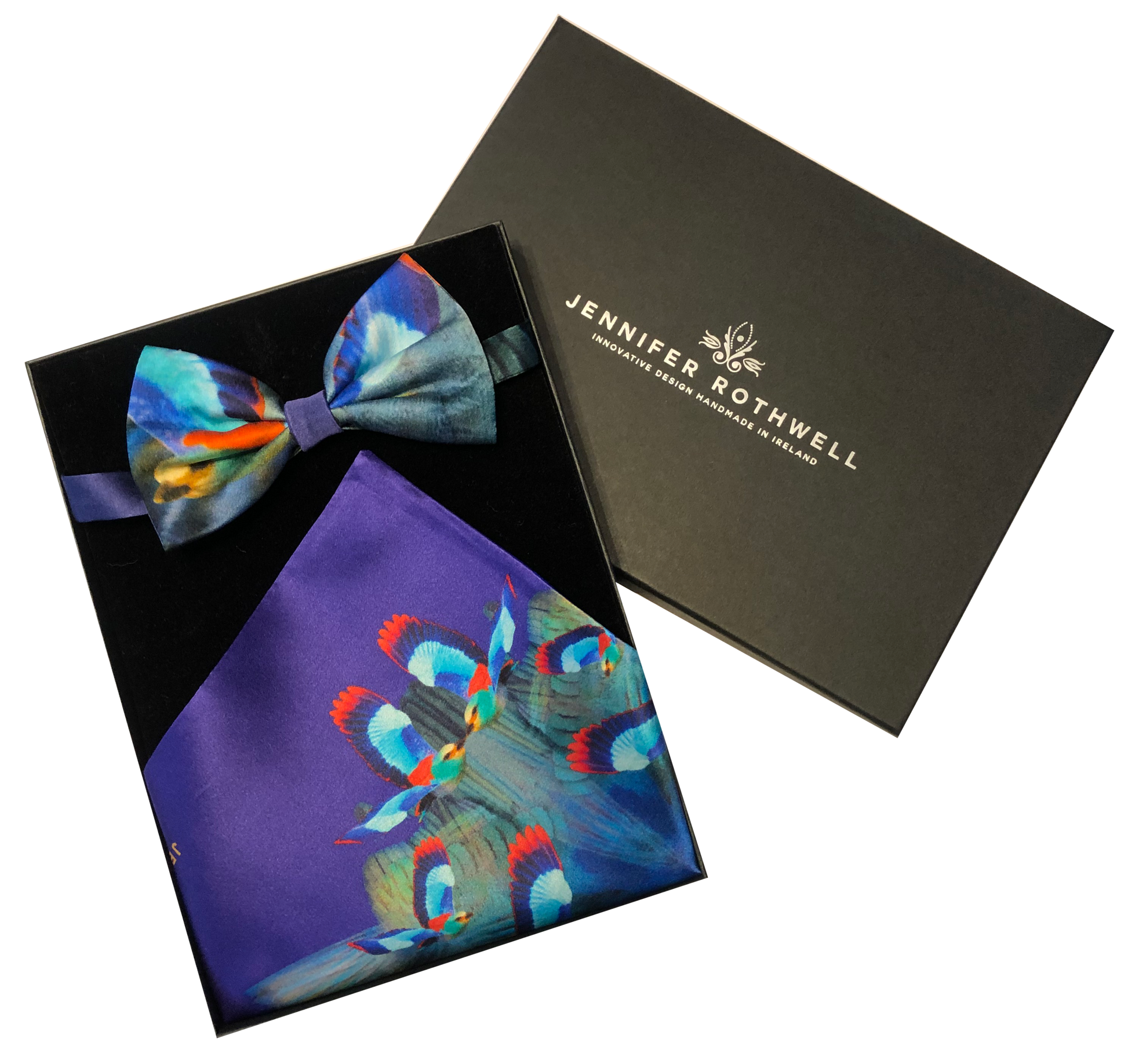 Hummingbird Bow Tie and Pocket Square (blue/ purple)