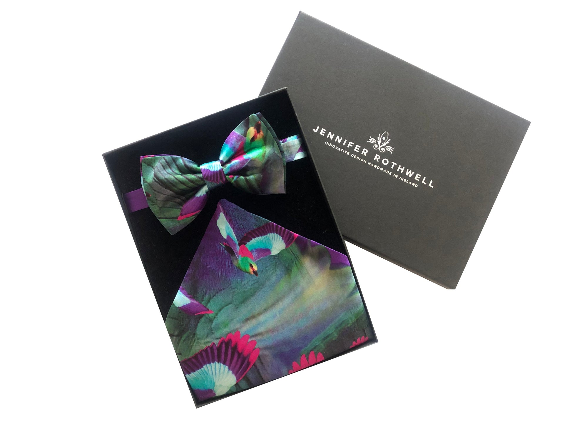 Hummingbird Bow Tie and Pocket Square (blue/ purple)