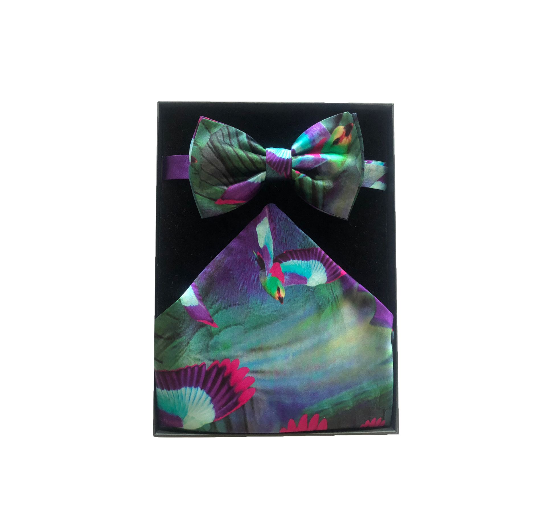 Hummingbird Bow Tie and Pocket Square (blue/ purple)