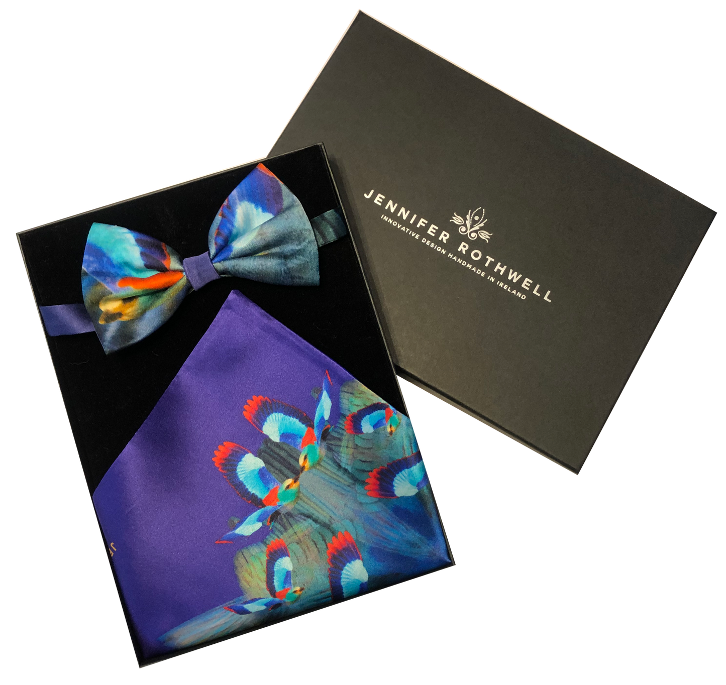 Hummingbird Bow Tie and Pocket Square (blue/ purple)