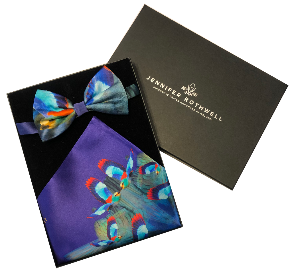 Hummingbird Bow Tie and Pocket Square (blue/ purple)
