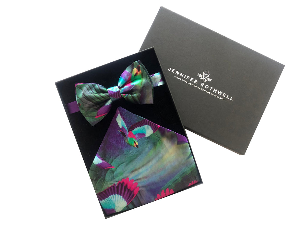 Hummingbird Bow Tie and Pocket Square (blue/ purple)